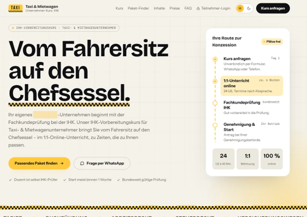 Website des IHK-Vorbereitungskurses für Taxi- und Mietwagenunternehmer: „Vom Fahrersitz auf den Chefsessel“